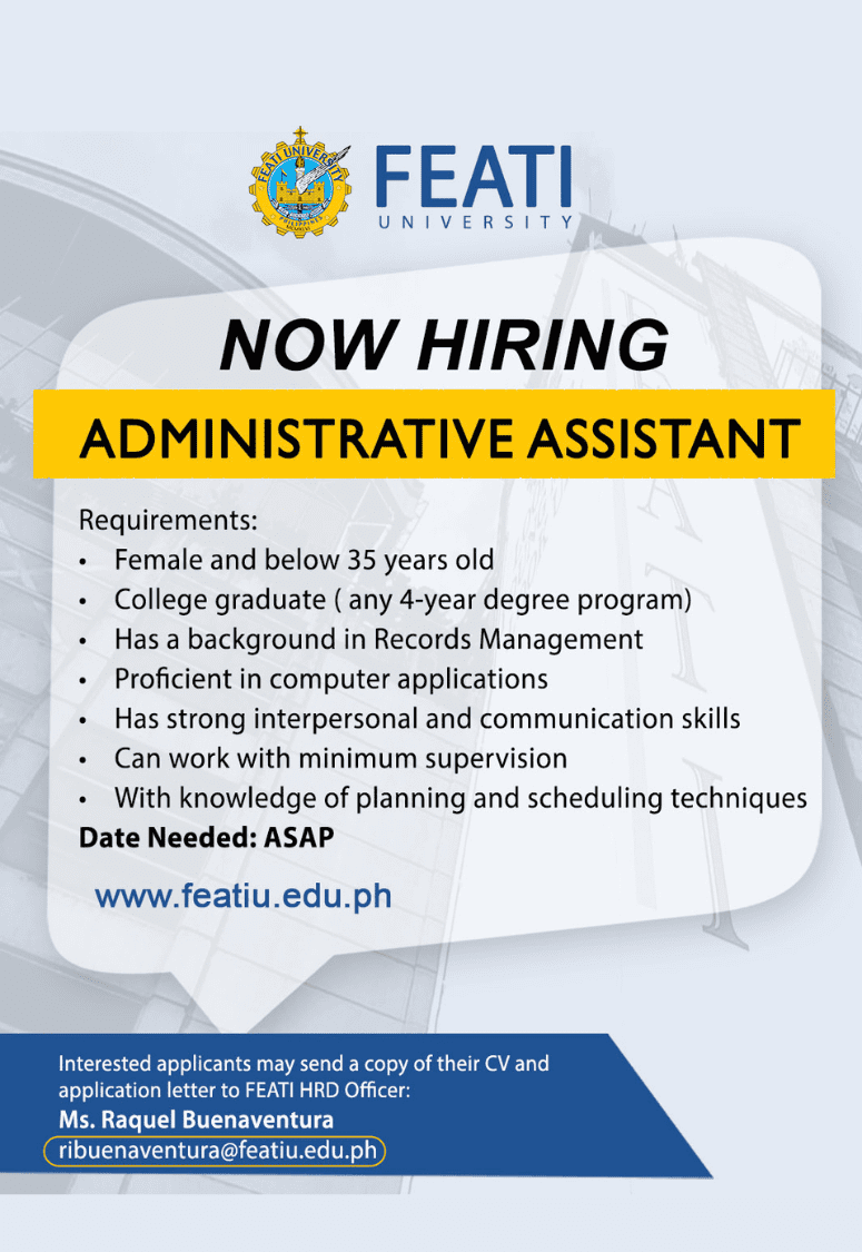 Jobs@FEATI: Hiring Administrative Assistant