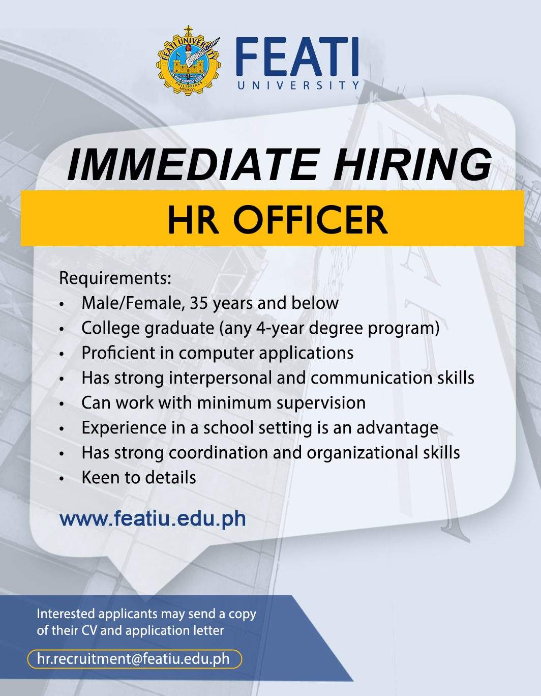 Jobs@FEATI: Hiring HR Officer